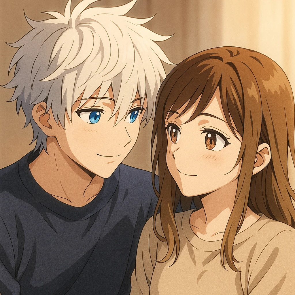 anime style, a boy with tousled white hair and striking blue eyes gazing affectionately at a girl with brunette-blonde hair and warm brown eyes emoji