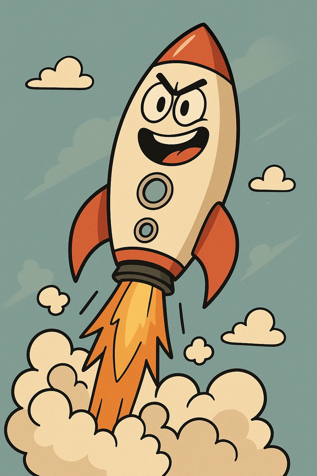 a rocket ship blasting off, flat toon style, dynamic and colorful, energetic emoji