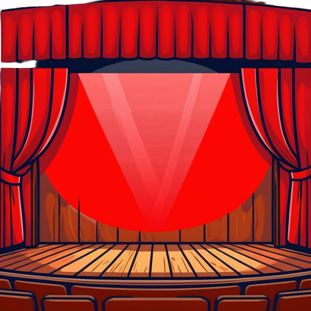 dramatic theater stage with red curtains drawn to sides, wooden planks, and bright spotlight in middle emoji