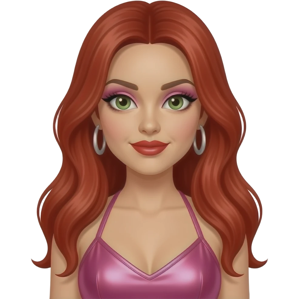 Carmit Bachar from The Pussycat Dolls with hazel-green eyes, long red 2000s hair, pink eyeshadow, red lipstick, pink metallic halter dress, earrings emoji