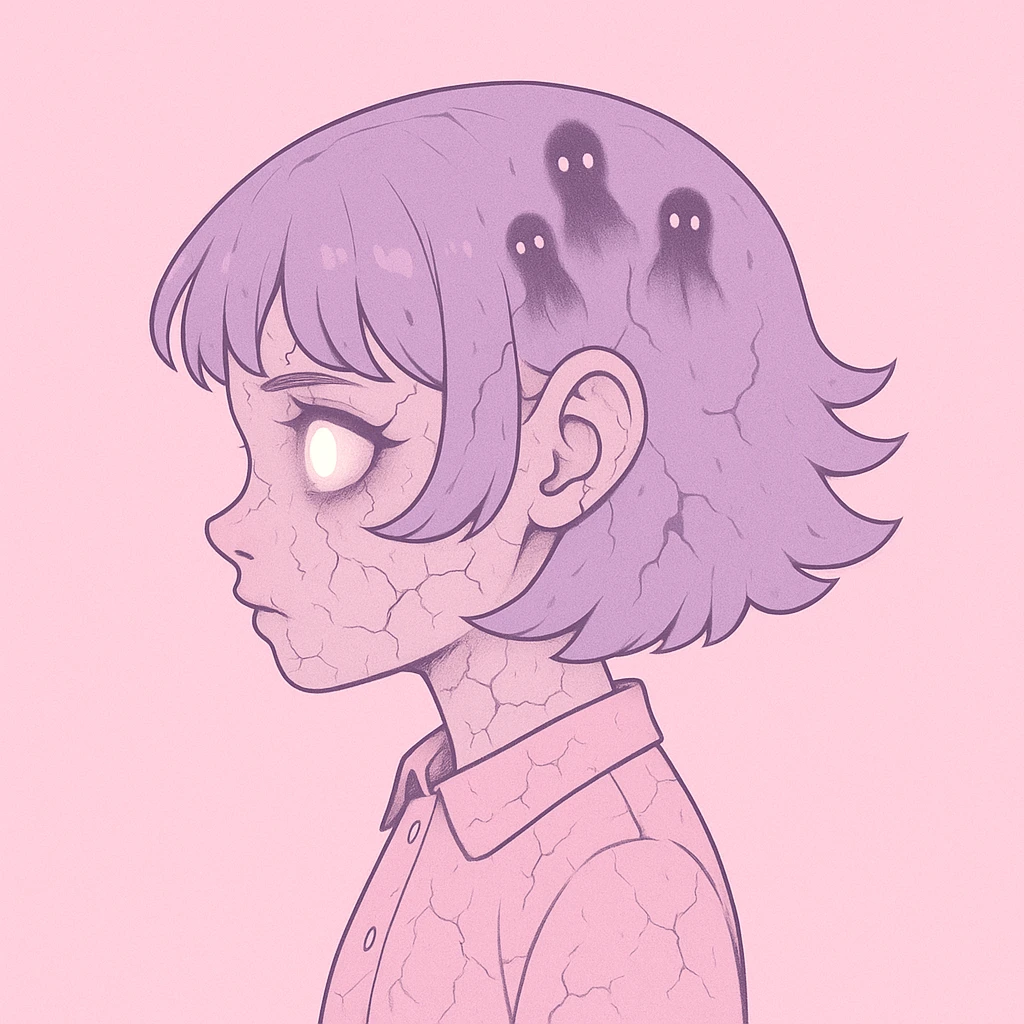 Make this pastel horror profile picture scarier while keeping it cute, expressive, and minimal, inspired by the style of imagen-4-fast-KaUtLiSA10F. Enhance the horror elements subtly but maintain the pastel color palette and minimalistic design with expressive features. emoji