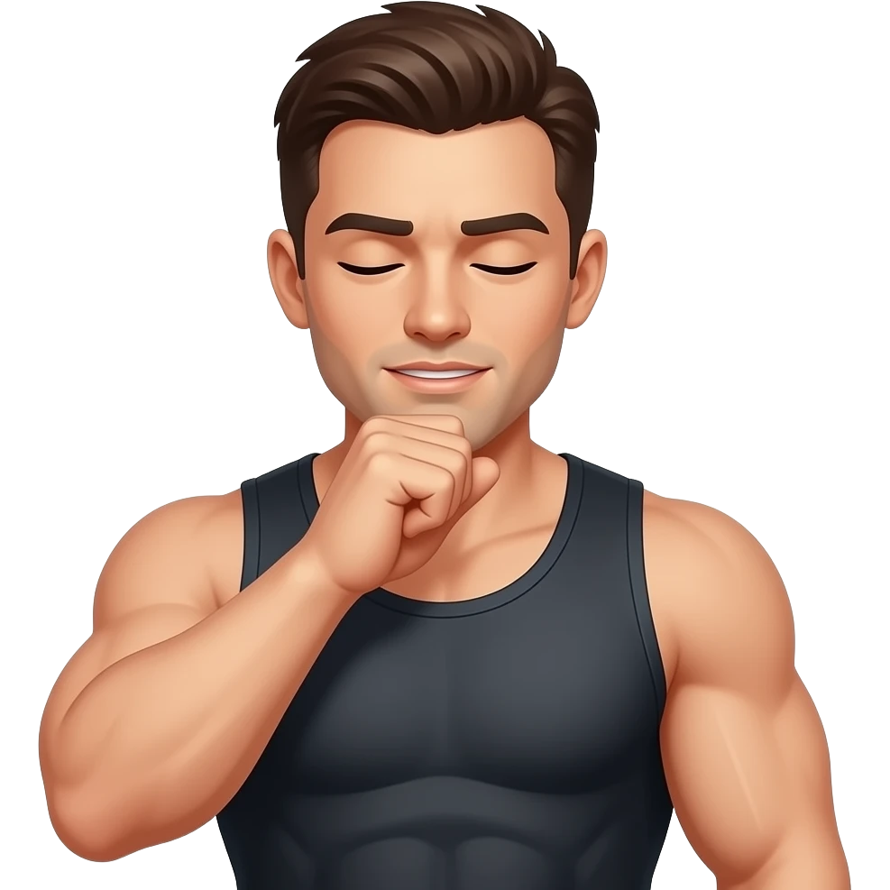 A muscular man taking a deep breath with his eyes closed and a slight smile emoji