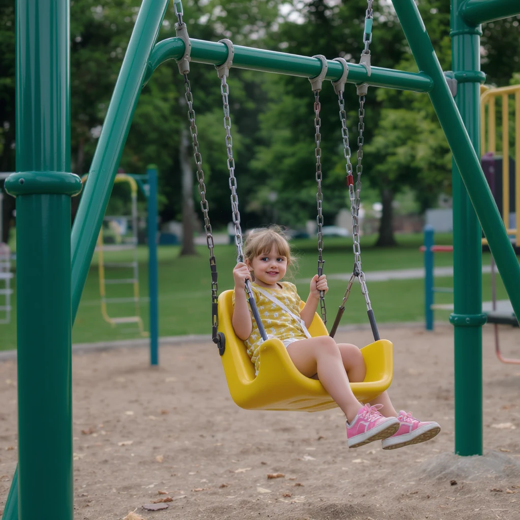 realistic playground swing-set, green frame, one yellow seat, subtle shadows emoji