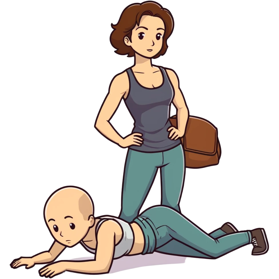  One Caucasian woman with brown hair, big boobs, wearing pants and a tank top, kneeling on the ground. a bald man is behind her holding her hips emoji