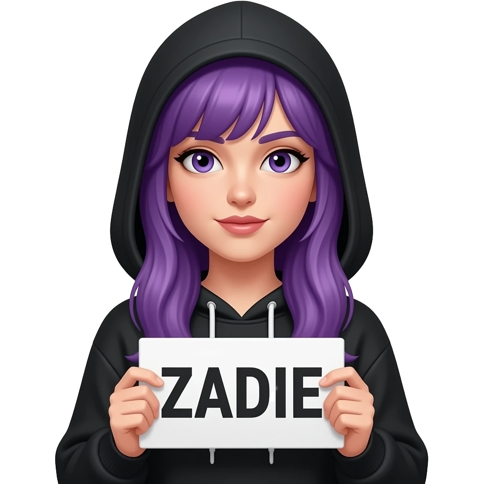 sexy girl with long purple wearing a black hoodie with the hood atop her headhair holding a ZADIE sign emoji