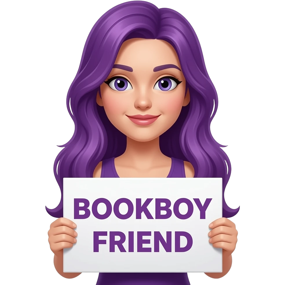 sexy girl with long purple hair holding a BOOKBOY FRIEND sign emoji