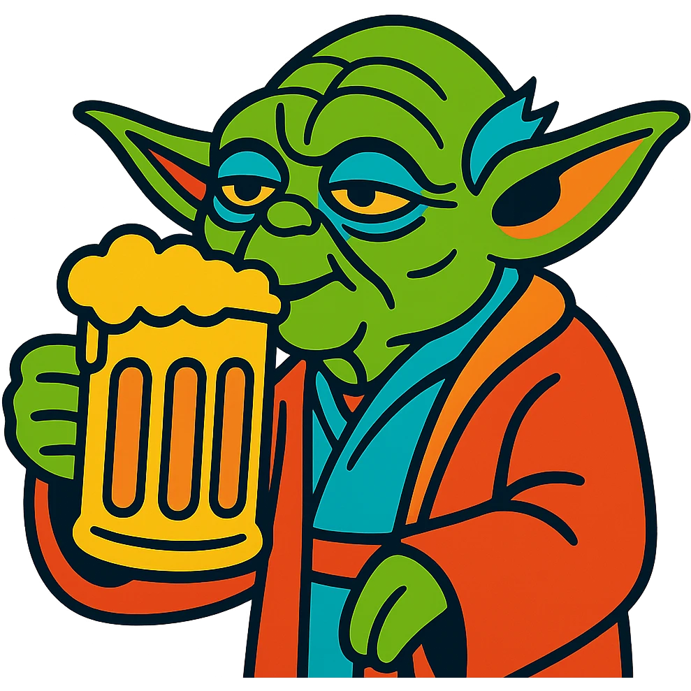 Yoda drinking a beer, expressive illustration style, vibrant colors emoji