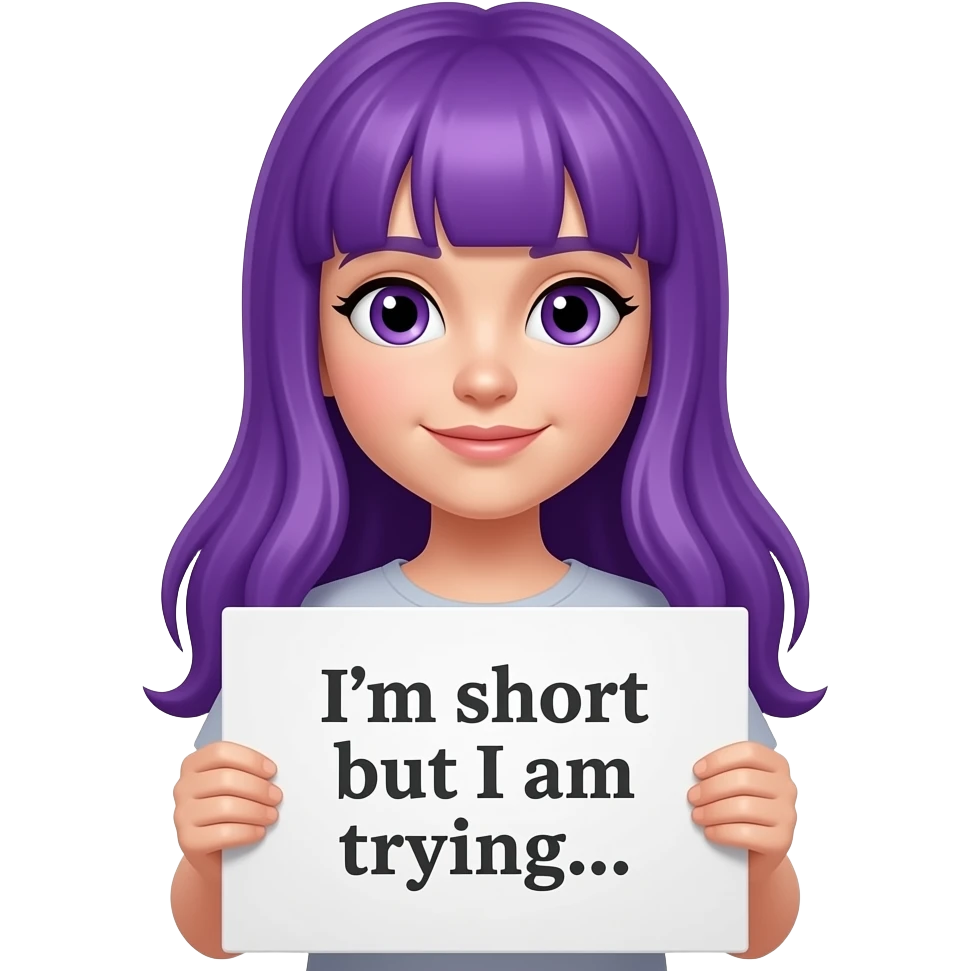 girl with long purple hair with a I'm short but I am trying... sign emoji