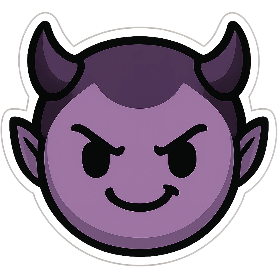 devil emoji in chibi style with gothic palette black and purple, tiny horns, cute but mischievous expression emoji