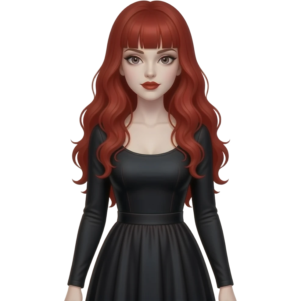 Vampiro femmina con pelle bianca capelli lunghi  rossi ondulati e la frangetta che indossa un abito stretto in vita e largo sotto lungo nero con maniche lunghe che si vede dalla testa ai piedi emoji