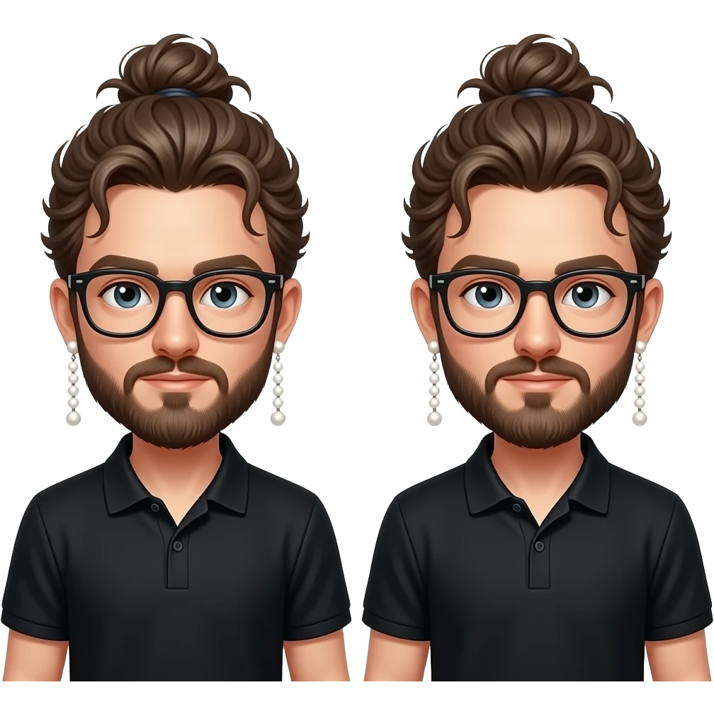 Men with a Messy bun and glasses, long earing with white pearl and black polo emoji