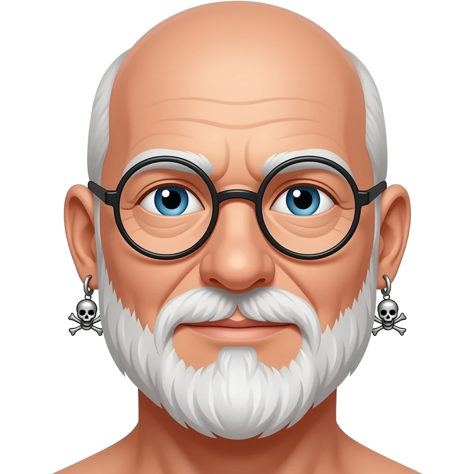 58 years old, white, totaly bald, white beard and round glasses, 2 pirate ear rings emoji