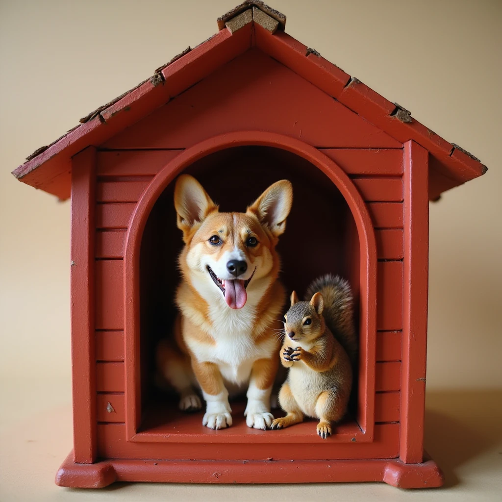 realistic red dog house with a Corgi dog inside, Corgi with a squirrel, photorealistic style emoji