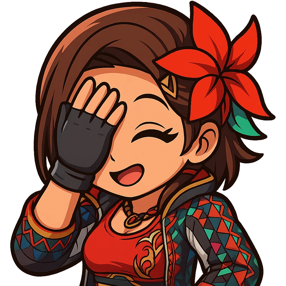 Azucena from Tekken 8 in chibi sticker style, facepalm pose with a playful expression, wearing the detailed red and patterned outfit from the reference images, designed for Twitch emote use. emoji