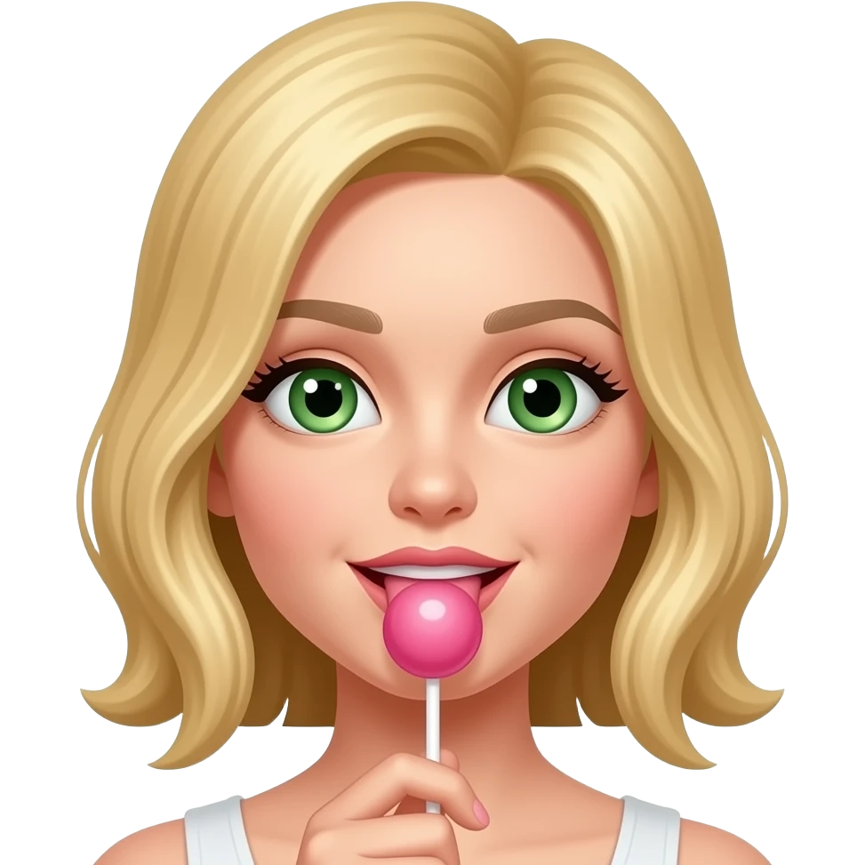Gryzienie loda na patyku w kolorze różowym językiem włosy blond zielone oczy emoji