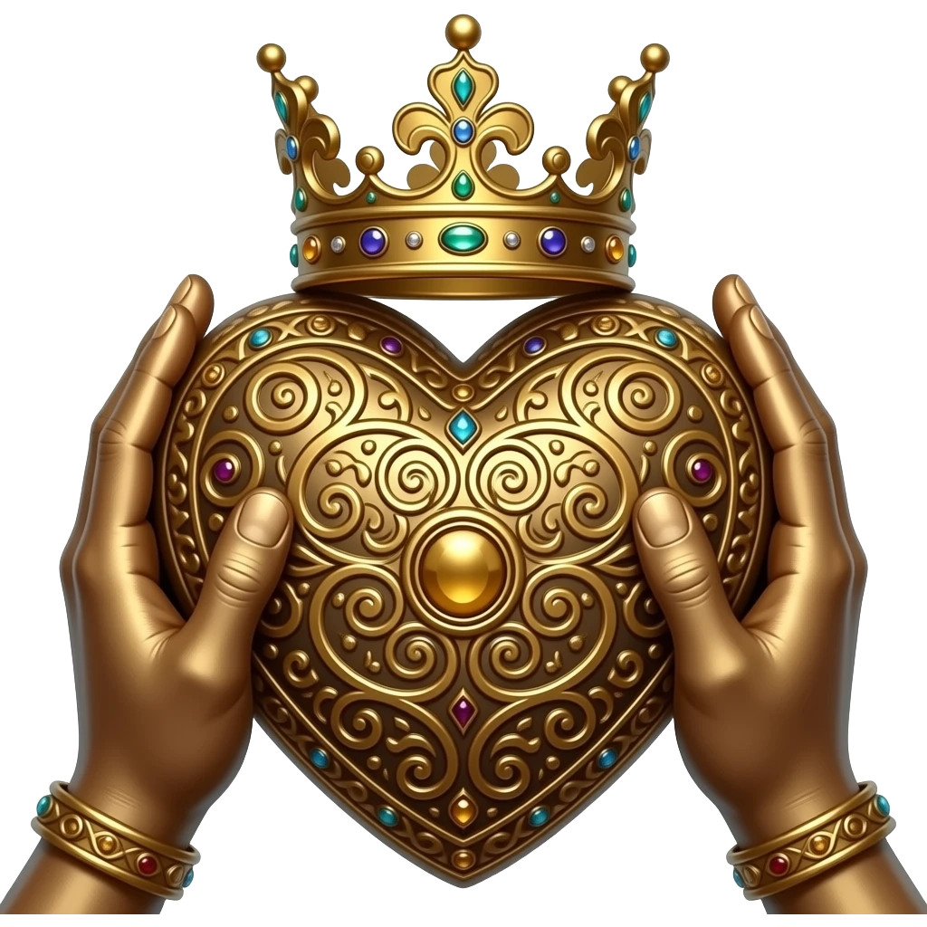 two bronze hands touch with their fingers a bronze heart richly ornamented with arabesques and studded with precious stones with a richly decorated royal crown, dramatic lighting - backlight emoji