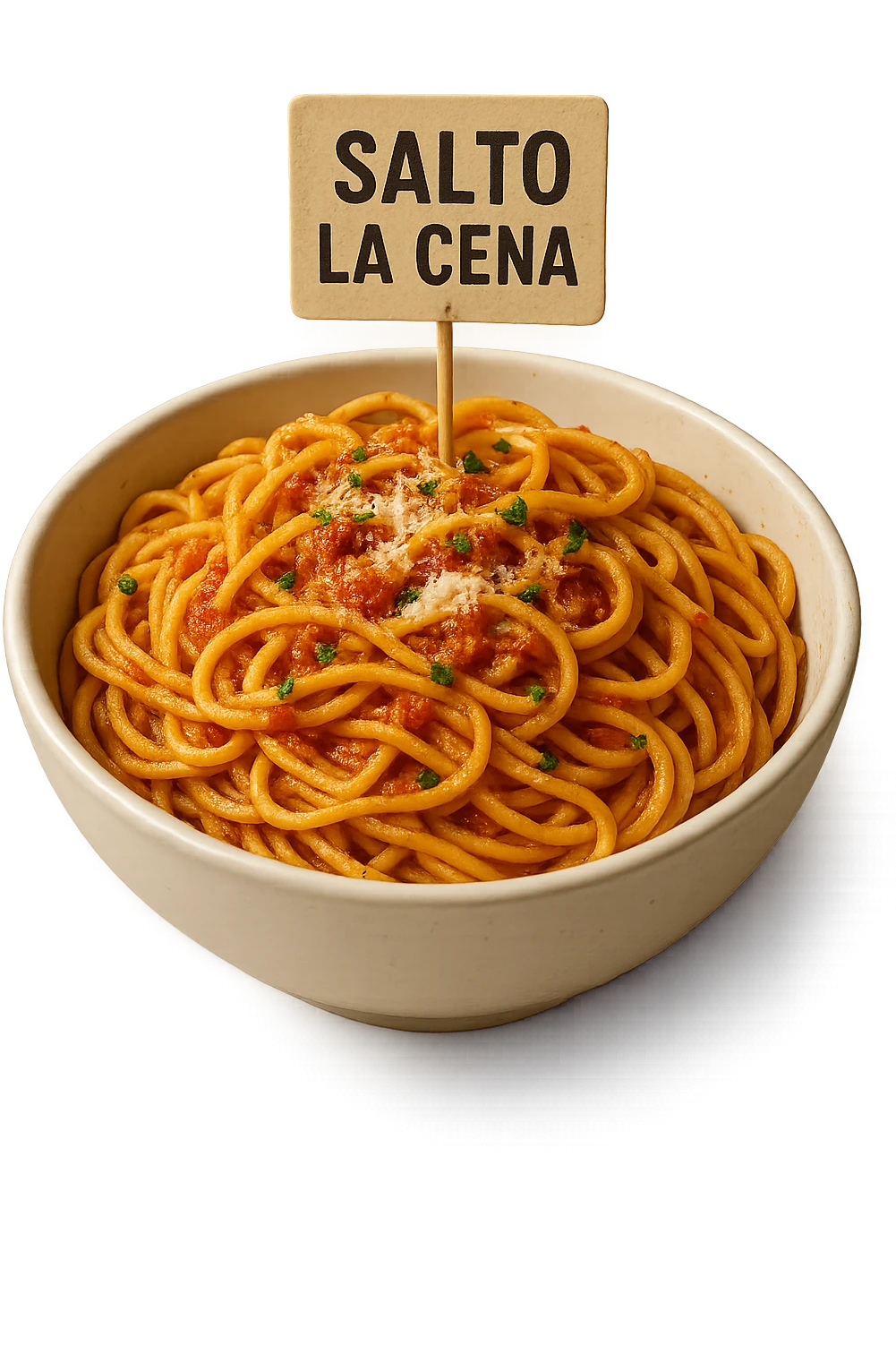 BOWL DI PASTA CON CARTELLO CON LA SCRITTA "SALTO LA CENA",  iperrealistico 4k emoji