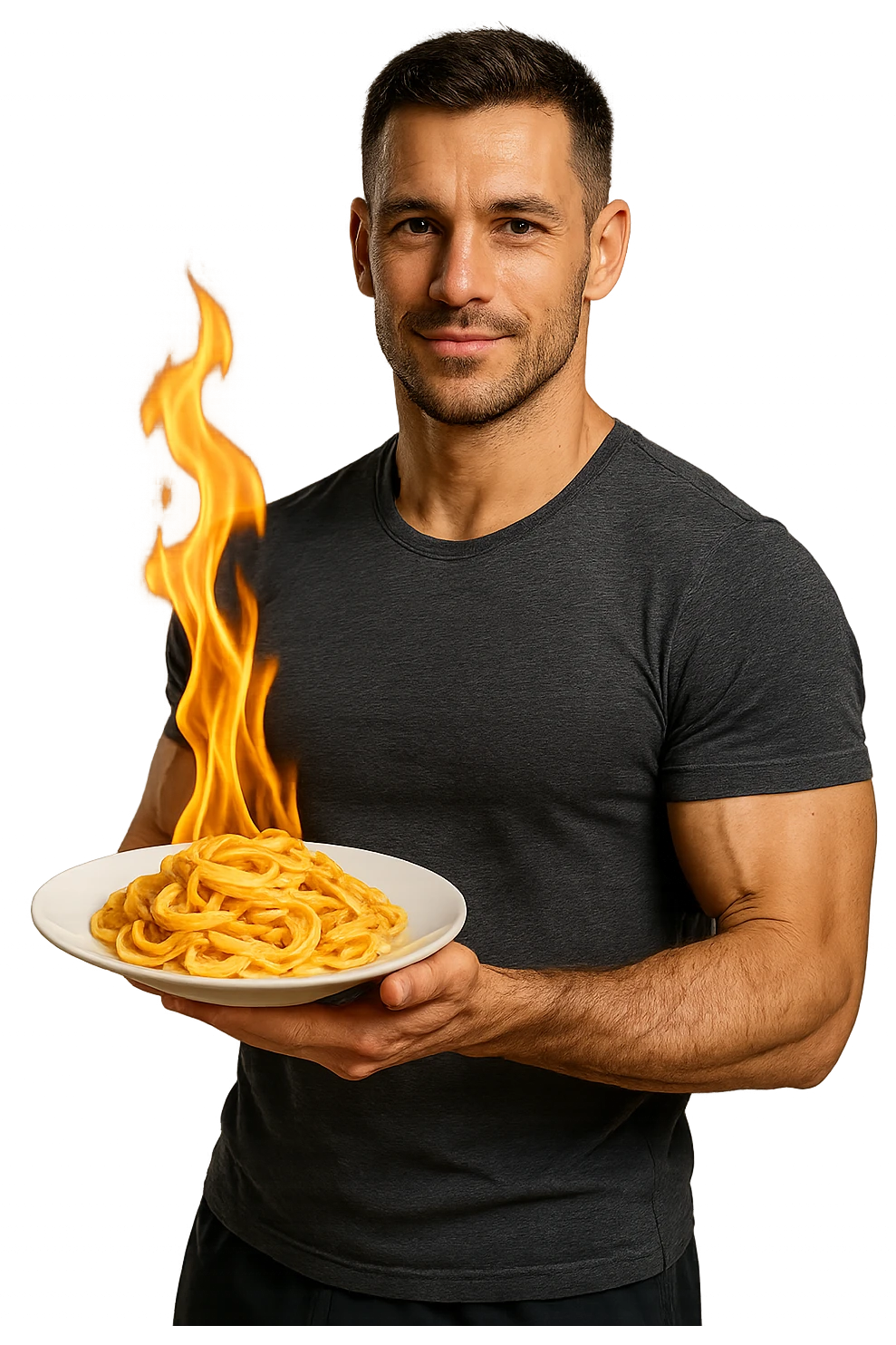 uomo fitness che tiene in mano un piatto di pasta con una fiamma sopra come se stesse simbolicamente bruciando le kcal della pasta, iperrealistico 4k emoji