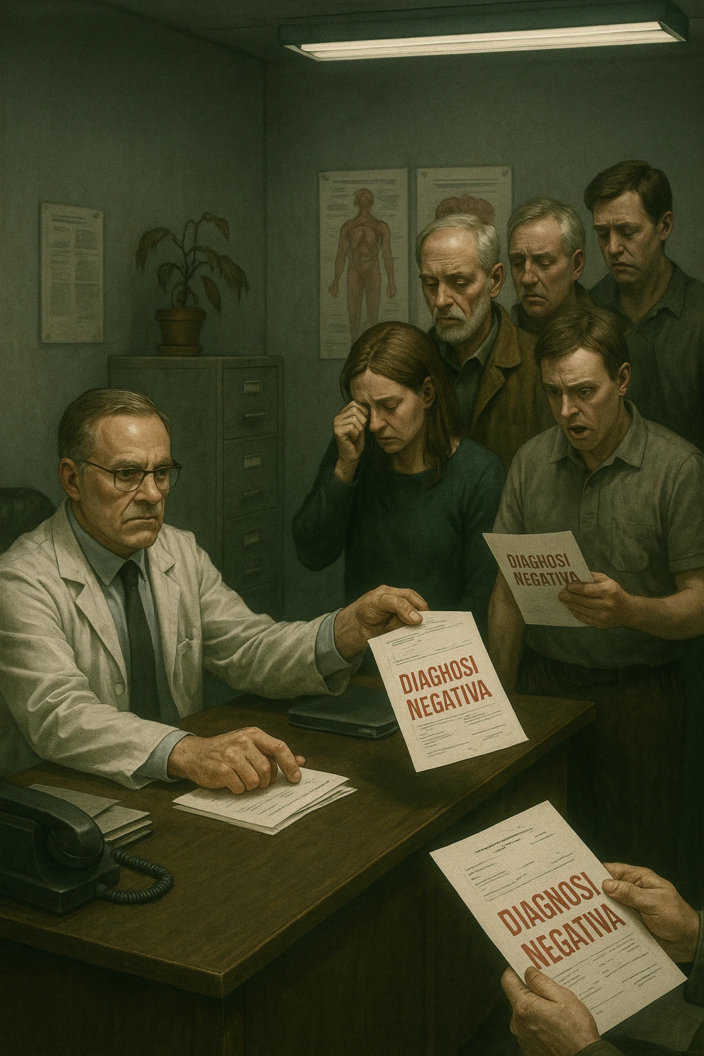 A realistic, cinematic illustration set in a dull, grey-toned medical office. A middle-aged male doctor in a white coat with a stern, cold expression is seated at his desk, handing out medical reports with large red ‘Negative Diagnosis’ stamps to each patient in line. The patients, of various ages and appearances, stand in a line, each looking increasingly sad, defeated, and demoralized as they receive their papers, with slumped shoulders and empty gazes. One young woman wipes away a tear, while a man stares at the paper in shock. The background shows medical posters, a faded plant, and harsh fluorescent lighting, emphasizing the cold, mechanical environment. The mood is heavy, illustrating how negative diagnoses delivered without empatia can deeply affect the mental health and morale of patients. The style is realistic, with subtle filmic grain, emphasizing emotional impact and the weight of medical words on people’s lives.in italiano emoji