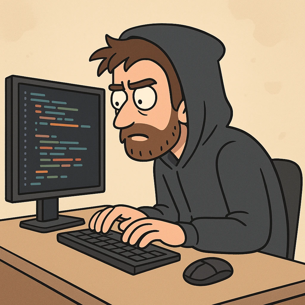 programmer in a dark hoodie, sitting at a desk with code on screen, flat cartoon style emoji