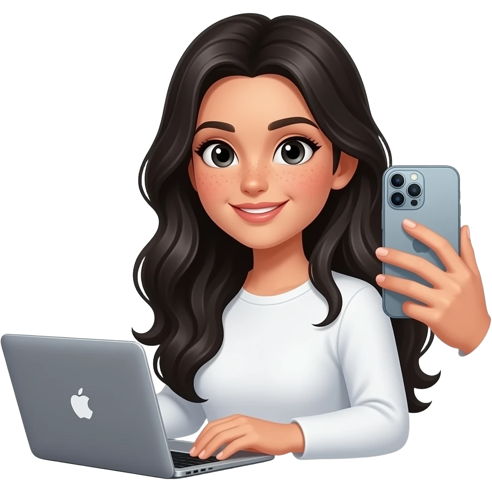 Mujer con cabello bien largo negro lacio con ondas, de piel normal NO morena, lunar en el cachete, con ojos negros, grabandose con un iphone 15 pro color gris y una mackbook a su lado, con top blanca,  que no sonria, de perfil izquierdo que no mire de frente emoji