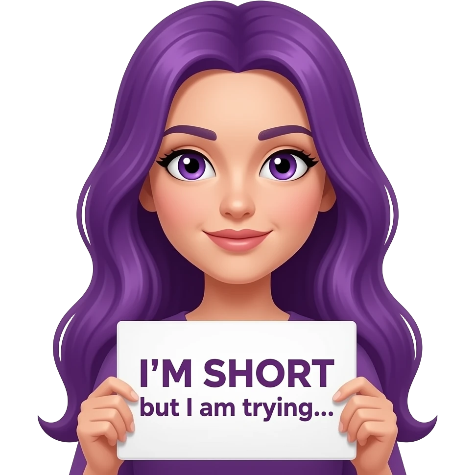 sexy girl with long purple hair and purple eyes holding a I'M SHORT but I am trying... sign emoji