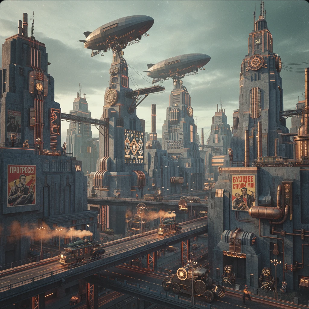 Советский умный-город. Ретро-киберпанк в стиле Atomic Heart.

Но без современных технологий, а в 1920 году.

Стиль фотореализм emoji