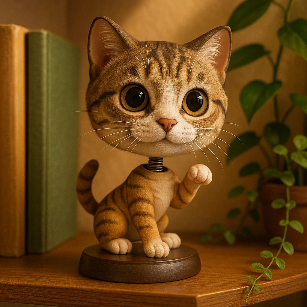 a cute cat bobblehead, big eyes, playful pose, cartoonish style emoji