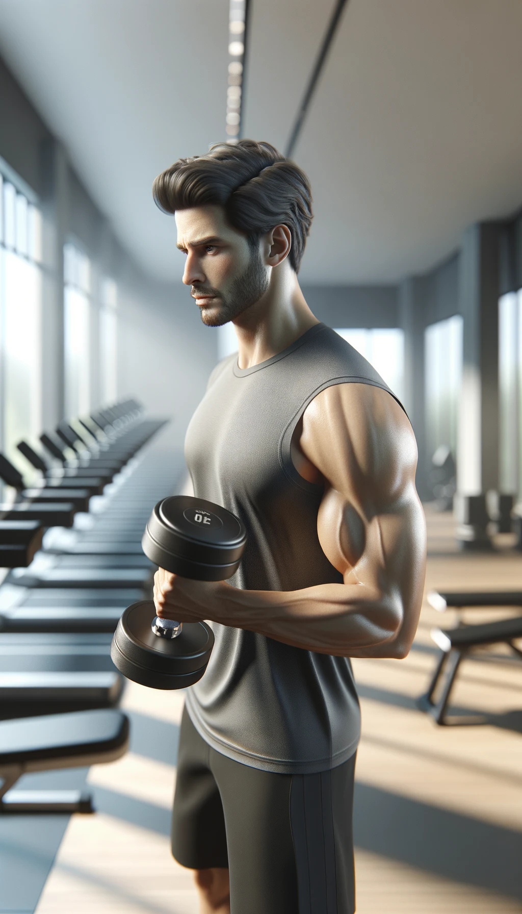 uomo italiano fitness in una palestra che fa un esercizio con manubri da palestra in mano, sfondo chiaro e minimal sfocato della palestra moderna, iperrealistica 4k emoji