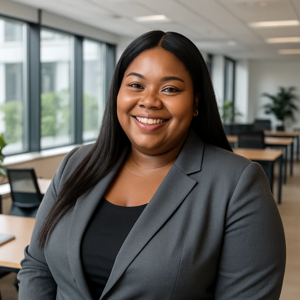 plus size Black woman with long straight hair, wearing a blazer, smiling, modern office setting emoji