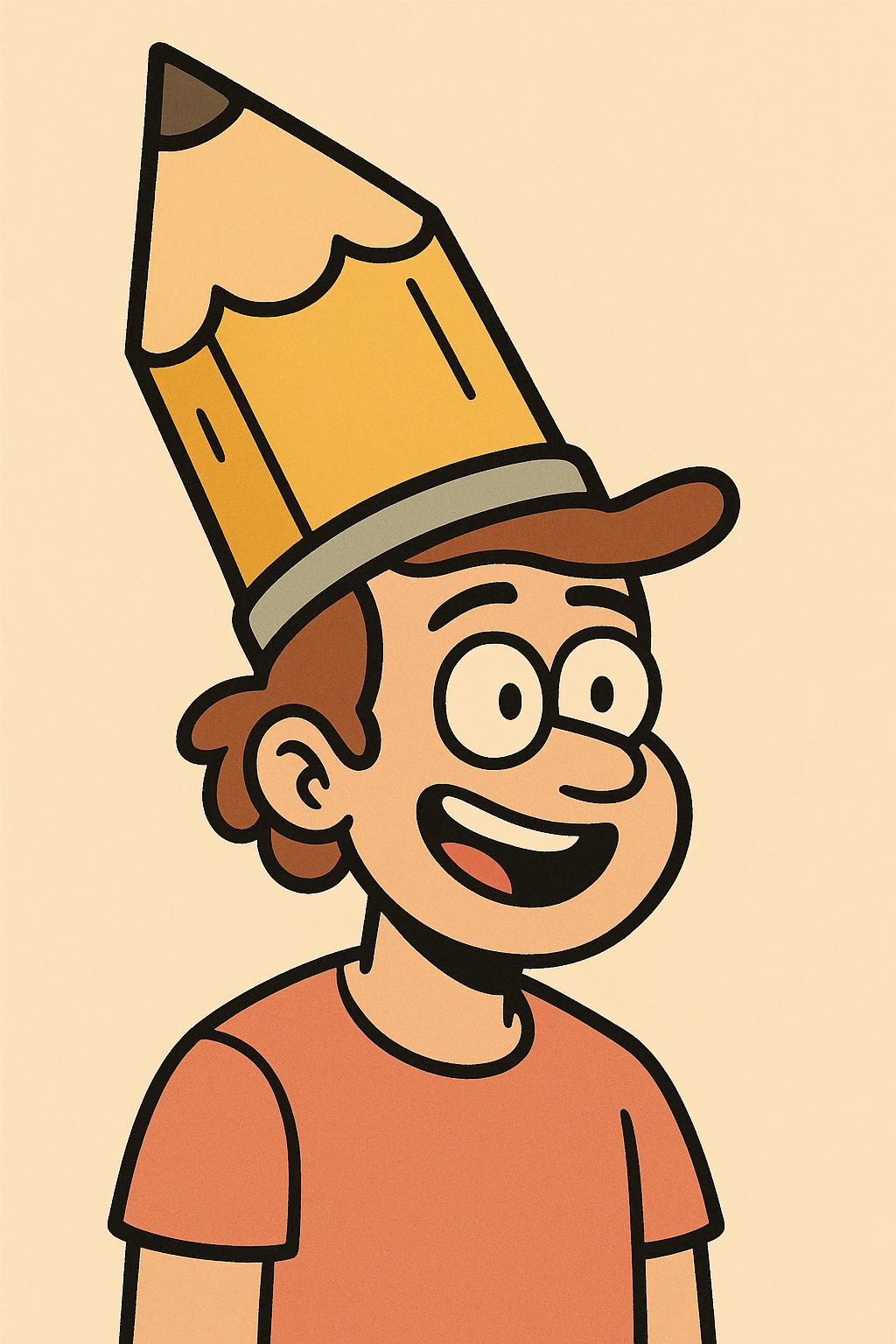 a person wearing a hat shaped like a pencil, playful and creative, cartoon style, colorful, fun, simple illustration emoji