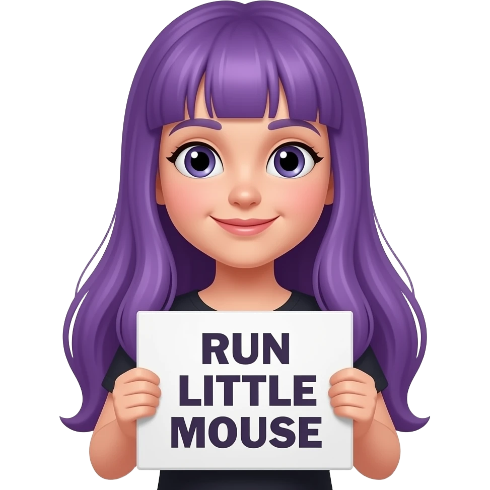 girl with long purple hair holding a RUN LITTLE MOUSE sign emoji
