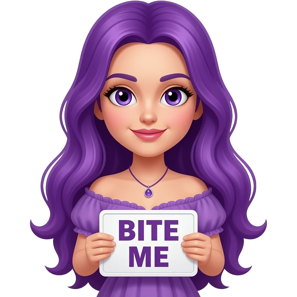 sexy girl with long purple hair and purple eyes wearing a dress holding a BITE ME sign emoji