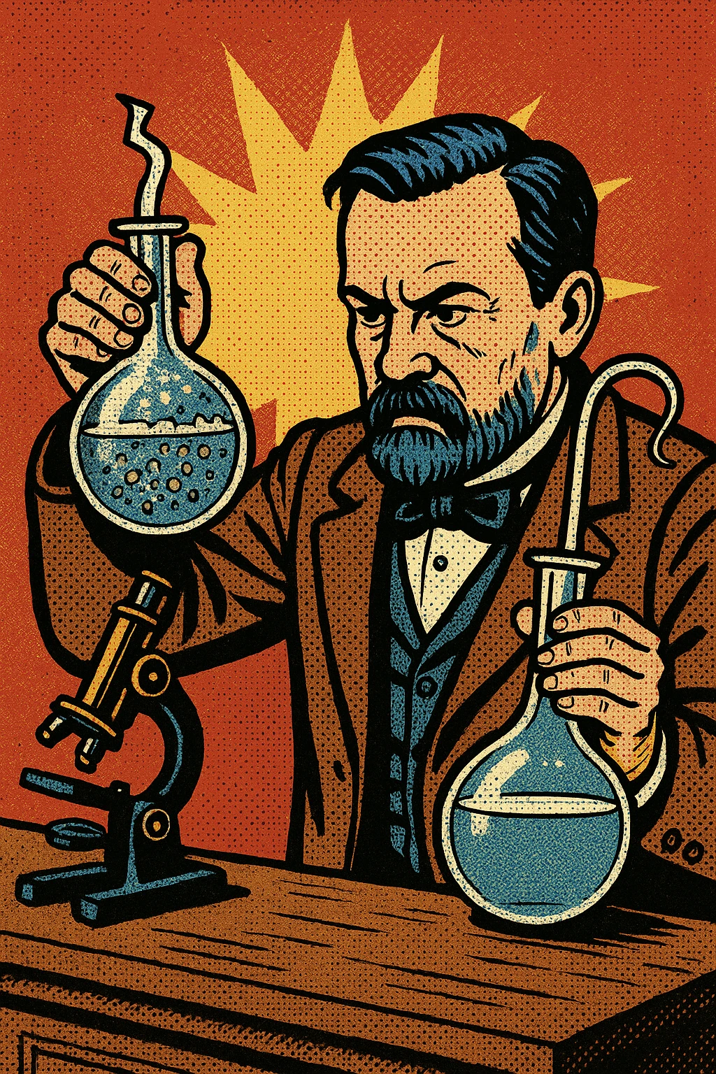 A victorian scientist like Louis Pasteur experimenting with two glass swan neck flasks.  One of the flasks has a broken top and contains lot of bacteria in water.  The other flask is sealed and contained clear water.  There is also a microscope on Pasteur's desk. emoji