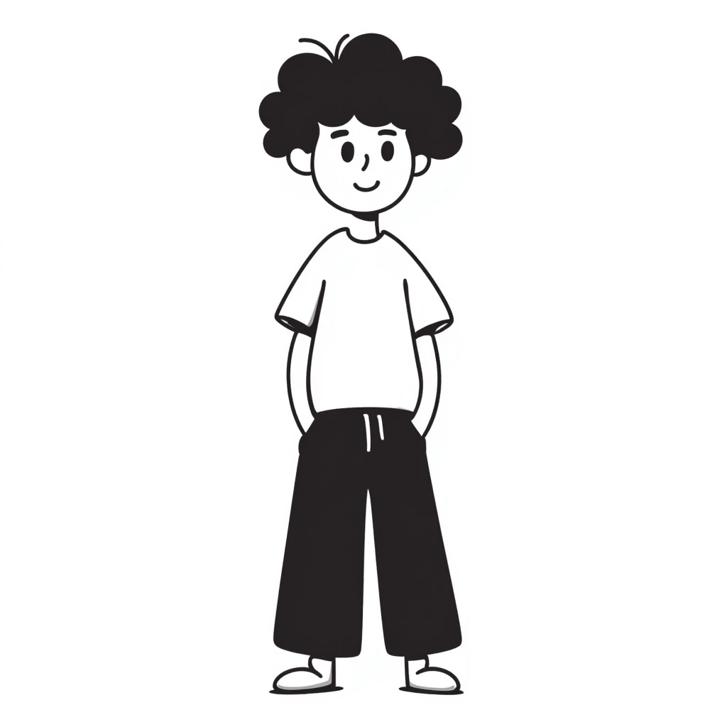 Teenage boy with messy curly hair, casual t-shirt, slight smile emoji