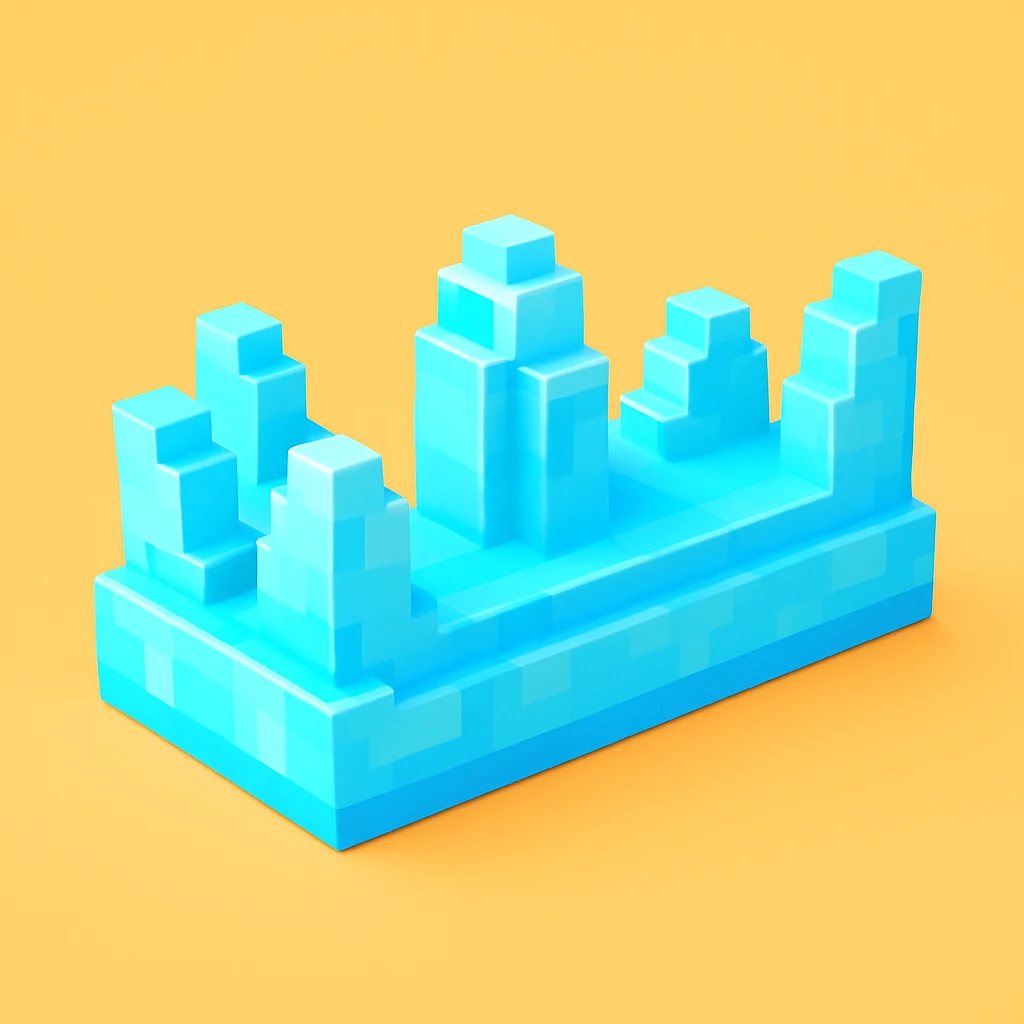 a small but long crown made of ice, Roblox-like cartoon style, blocky 3D, simplified, playful and shiny emoji