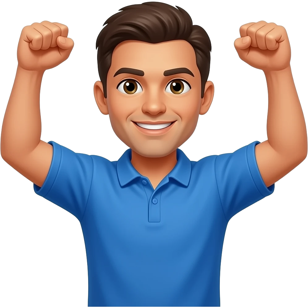 coach in a blue shirt making a guns up gesture emoji