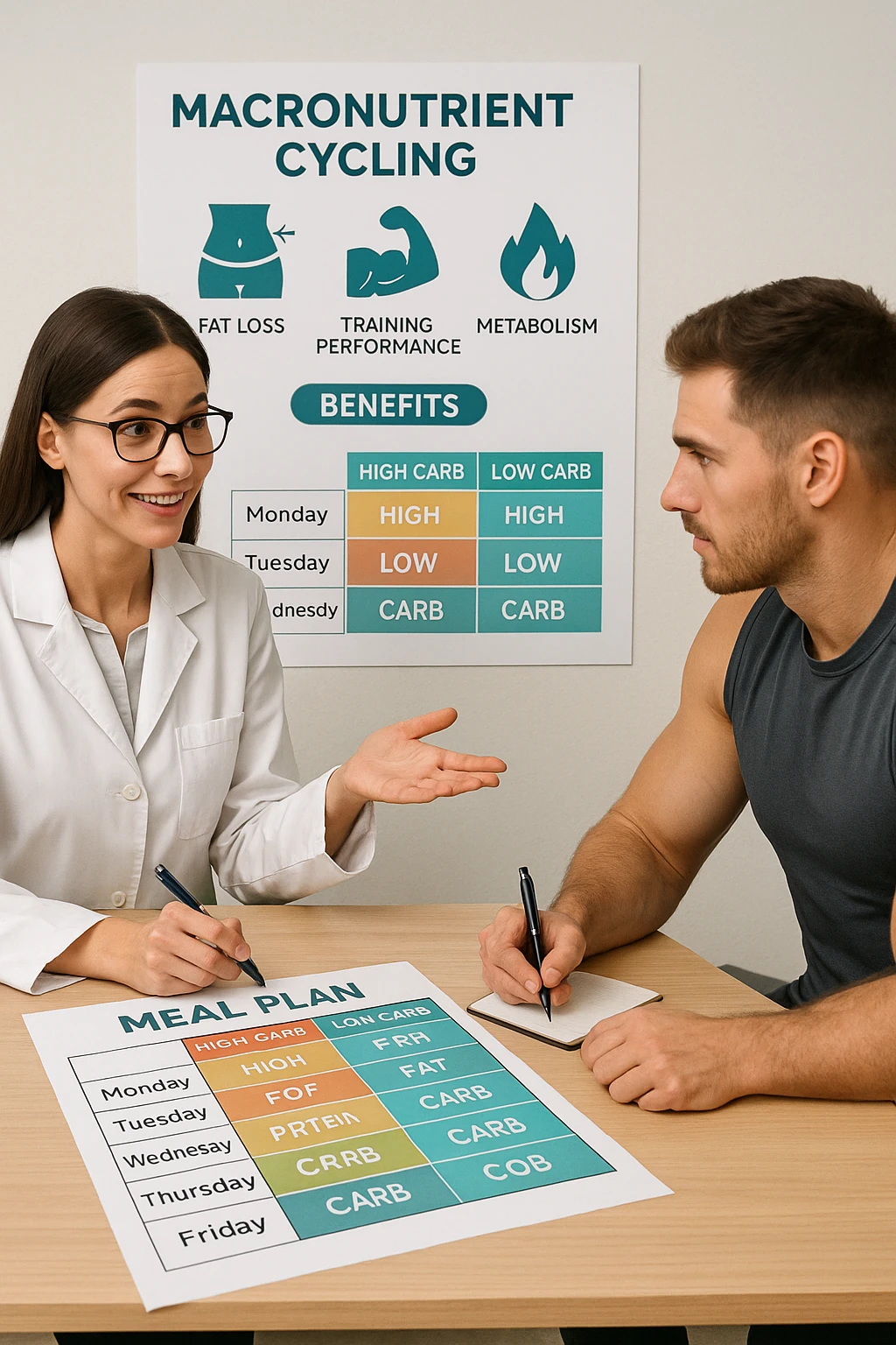 a nutritionist explains to an athlete how to cycle macronutrients for fat loss and training. On the desk, a weekly meal planner shows alternating high-carb and low-carb days, with color-coded sections for proteins, fats, and carbs. The athlete takes notes, and a chart in the background illustrates the benefits of nutrient cycling. The mood is professional and educational. scritto in italiano emoji