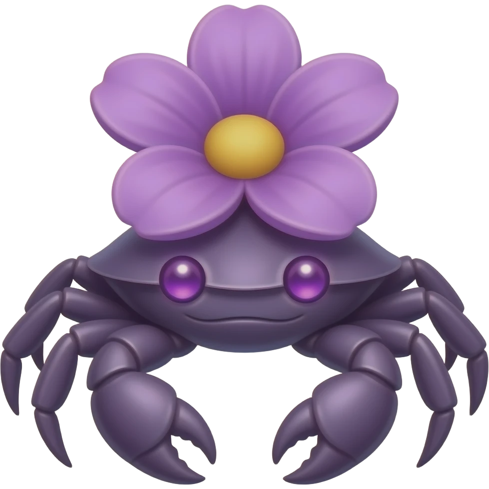 A purple crab with a purple  flower growing on its back on its back purplen eyes glowing eyes facing forward emoji