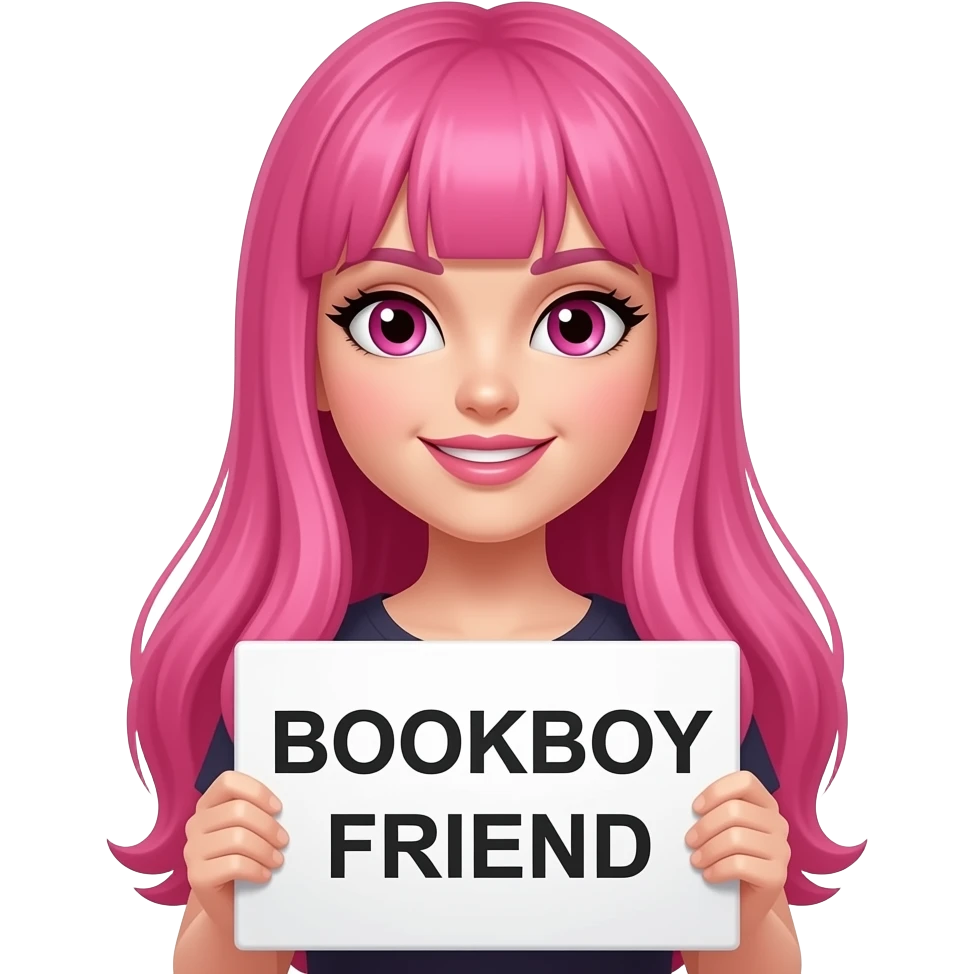 sexy girl with long pink hair and pink eyes  holding a BOOKBOY FRIEND sign emoji