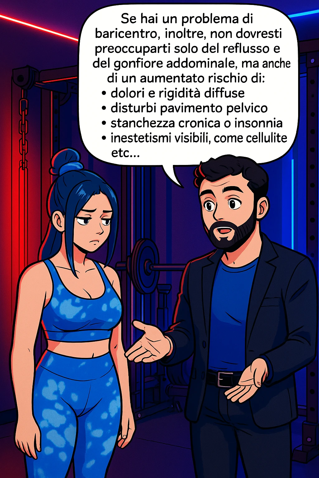 TRASFORMA QUESTO CAROSELLO IN UN FUMETTO STILE WEBTOON/MANGA A COLORI CON QUESTE DUE PERSONE IDENTICHE CHE INTERLOQUISCONO TRA LORO, L'uomo sta spiegando alla donna questo concetto:

Se hai un problema di baricentro, inoltre, non dovresti preoccuparti solo del reflusso e del gonfiore addominale, ma anche di un aumentato rischio di:
    • dolori e rigidità diffuse
    • disturbi pavimento pelvico
    • stanchezza cronica o insonnia
    • inestetismi visibili, come celluluite
    • etc… emoji