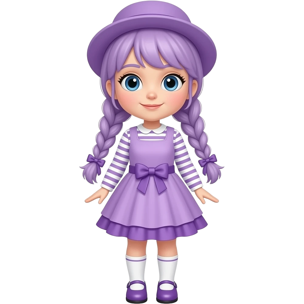 A girl with pale purple hair tied in braids and blue eyes, wearing a pale purple dress with white striped sleeves and skirt, a pale purple frill, and a pale purple waist bow, pale purple shoes with white socks, and a pale purple hat. emoji