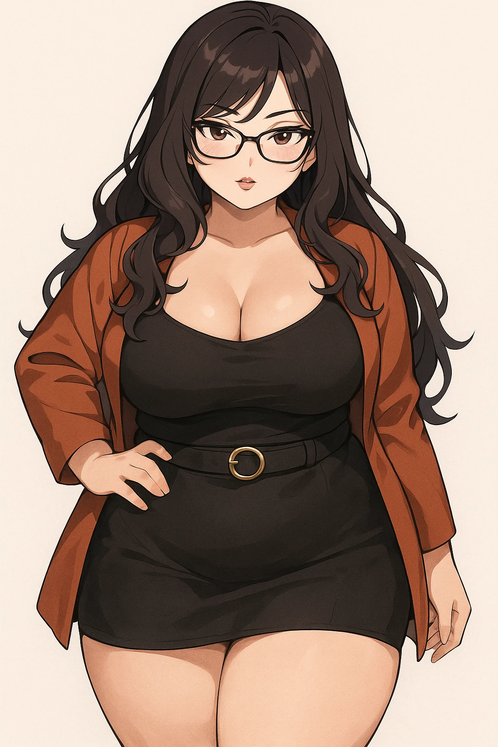 plus size anime girl with glasses, sultry look, long hair, fashionable outfit, confident and attractive emoji