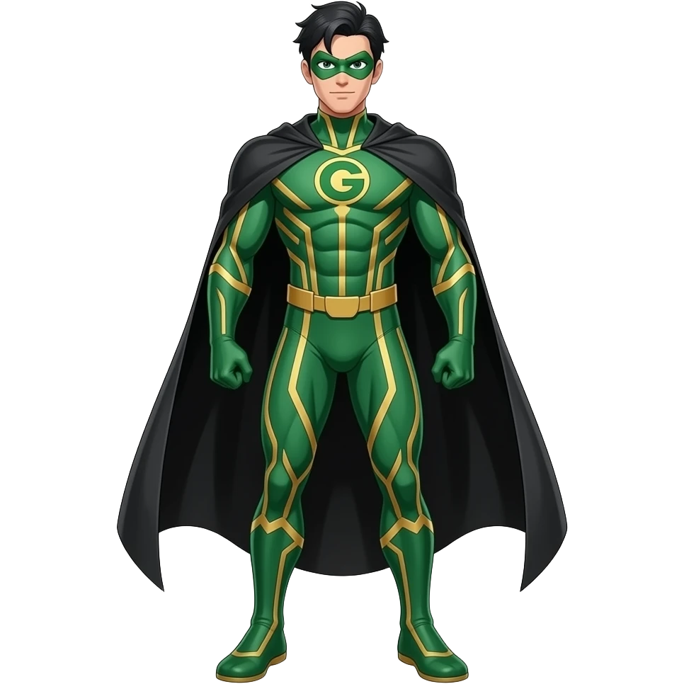Anime men superhero suite green and gold lines long black cape and green face mask and letters G on the suite very tall full emoji