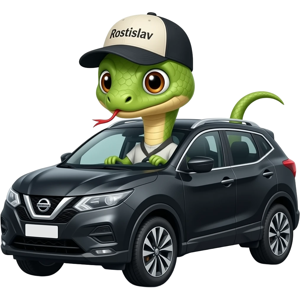 A snake in a cap with the inscription "Rostislav" is driving a black Nissan Qashqai. emoji