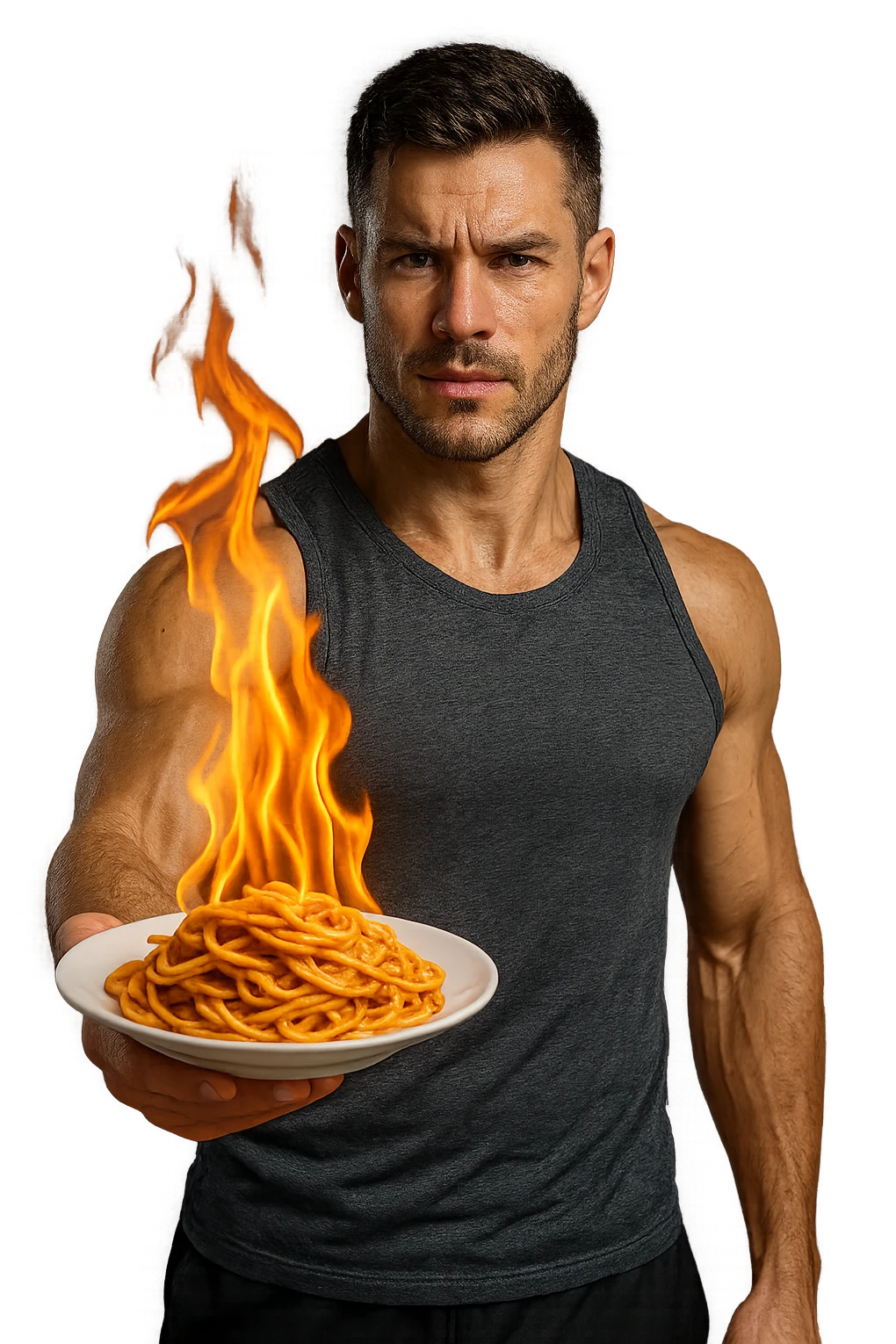 uomo fitness che tiene in mano un piatto di pasta con una fiamma sopra come se stesse simbolicamente bruciando le kcal della pasta, iperrealistico 4k emoji
