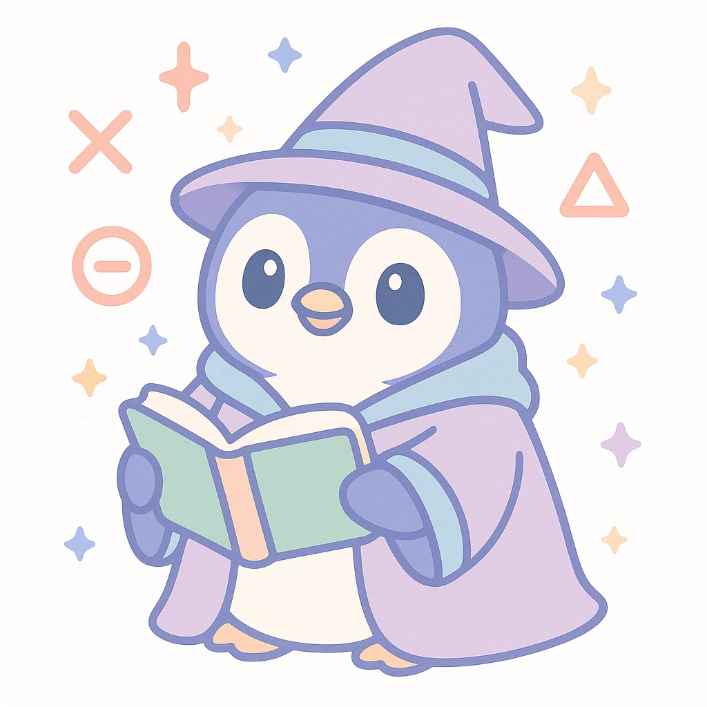 chubby penguin in wizard robes, holding an open spellbook, magical runes floating around emoji