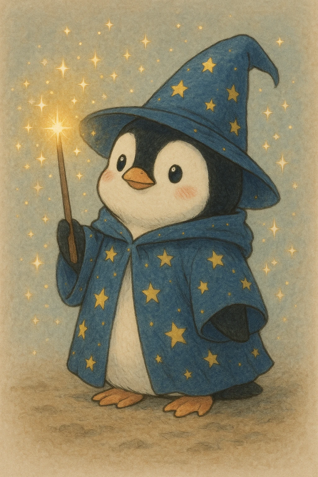 A cute penguin wizard with a starry robe and a glowing wand, magical sparkles around, ghibli style emoji