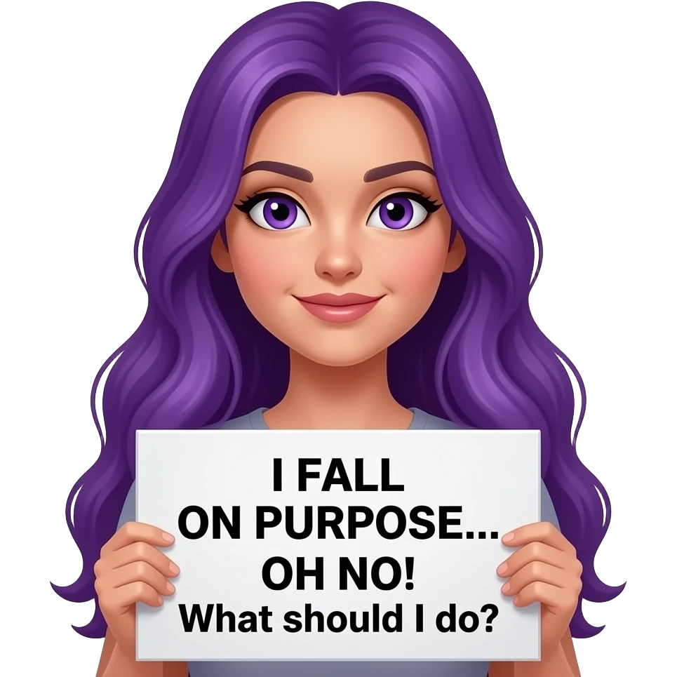 sexy girl with long purple hair and purple eyes holding a I FALL ON PURPOSE... OH NO! What should I do? sign emoji