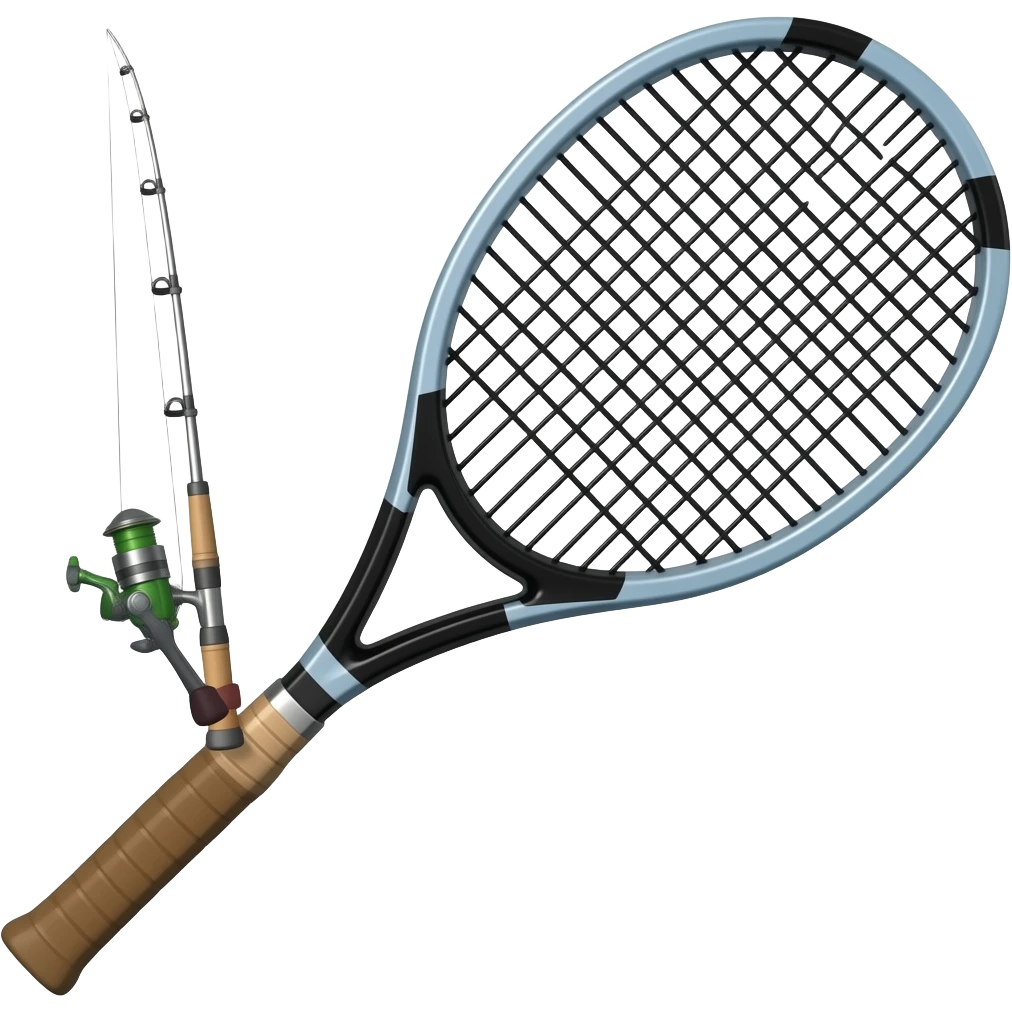 tennis racket made into a fishing pole with a fishing reel attached to it emoji